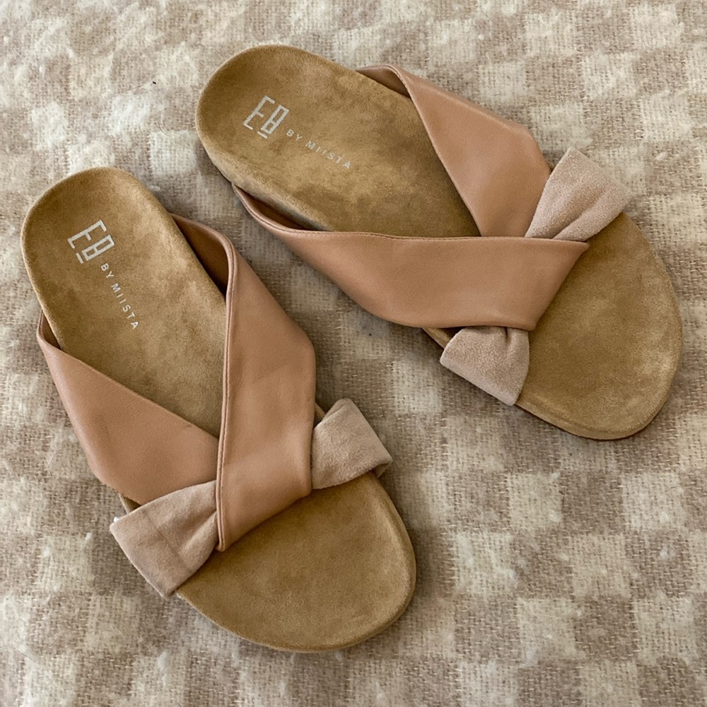 E8 by Miista pink leather and suede slides sandals